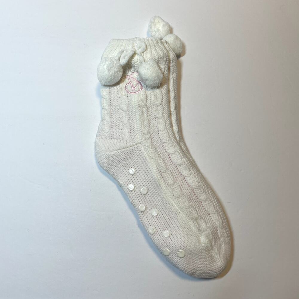 Victoria's Secret Slipper Socks White Womens One Size Cable Knit Lined Classic